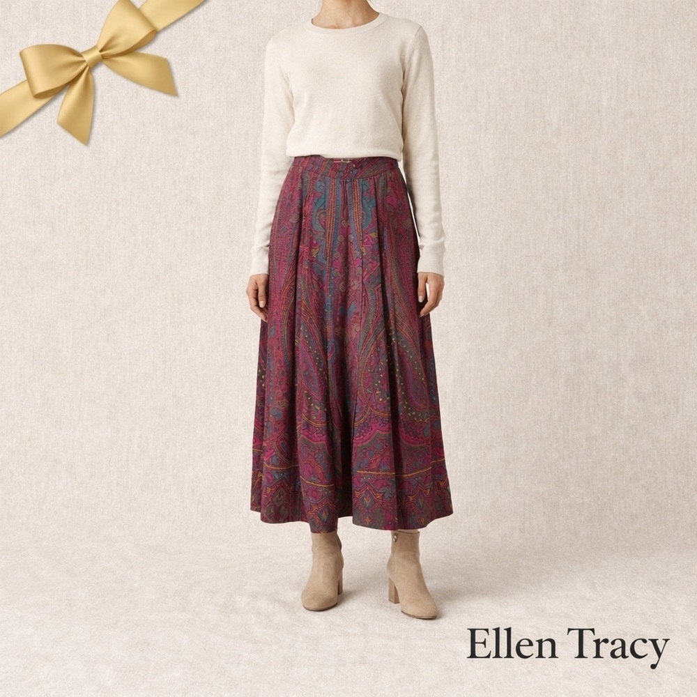 Linda Allard Ellen Tracy Vintage Paisley Wool Silk Midi Skirt 10
